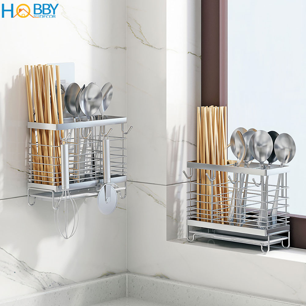 Kệ đựng đũa muỗng có móc treo đồ Hobby Home Decor KDM04 dán tường gạch men, kính - Inox 304 và có sẵn miếng dán