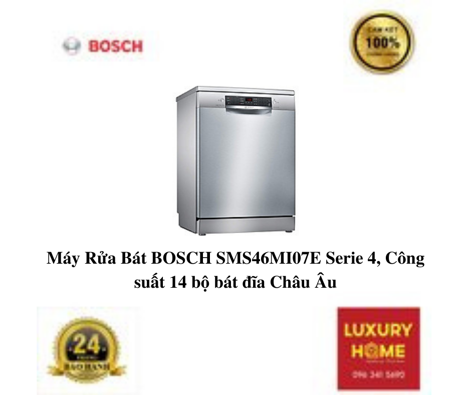 Máy Rửa Bát BOSCH SMS46MI07E Serie 4, Công suất 14 bộ bát đĩa Châu Âu - Nhập khẩu từ Đức