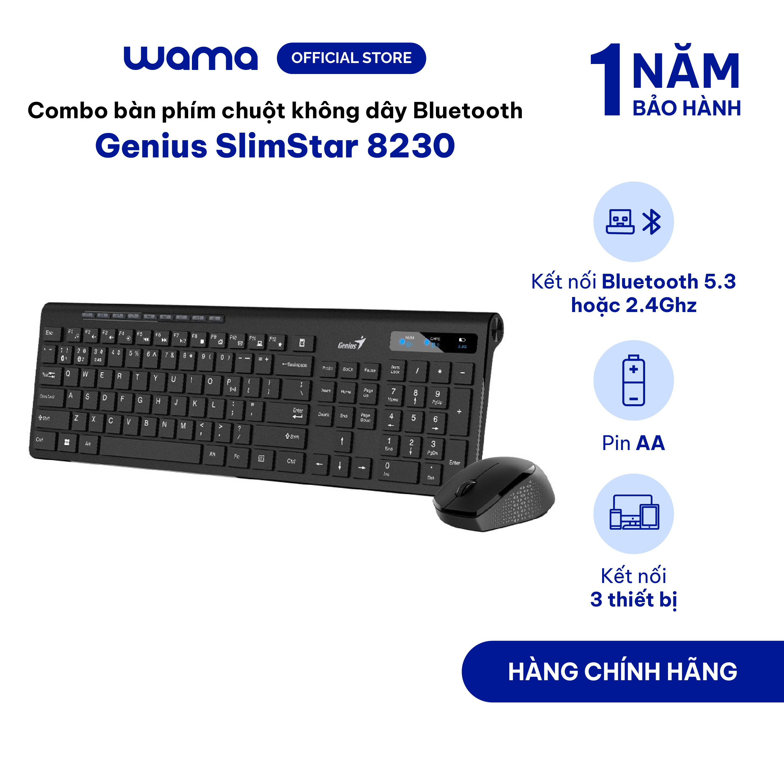 Combo bàn phím chuột không dây Bluetooth Genius SlimStar 8230 fullsize - kết nối 3 thiết bị, công thái học, có phím số, Hàng chính hãng, Bảo hành 1 năm