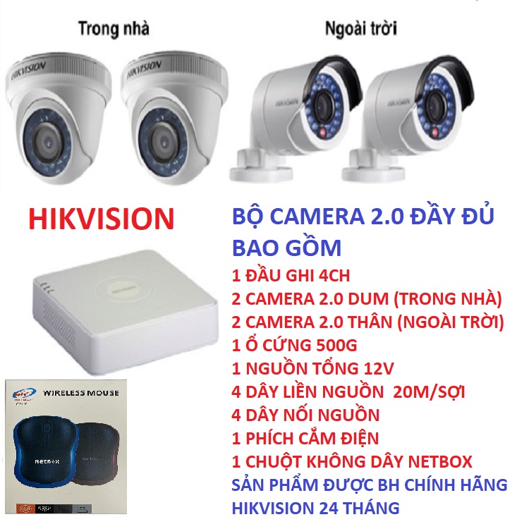 Bộ camera 2.0 HIKVISION 4 con ,đầy đủ phụ kiện đi kèm,HÀNG CHÍNH HÃNG