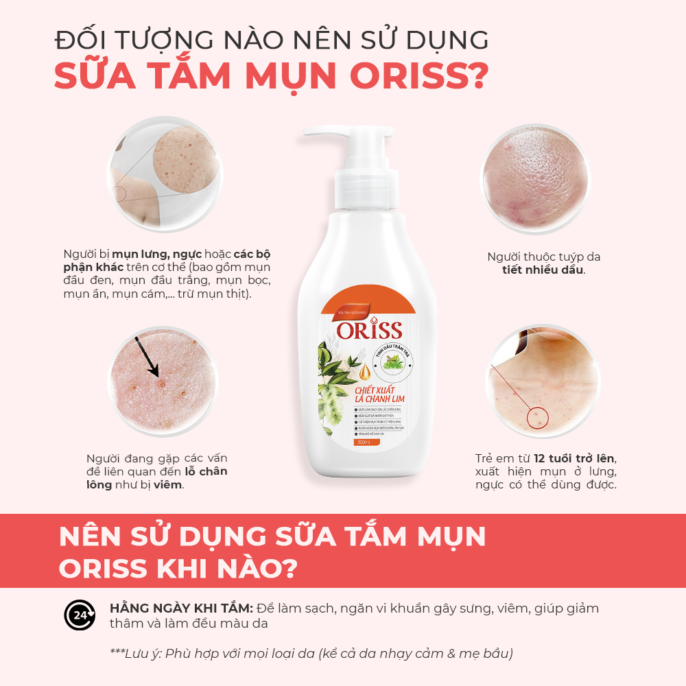 Sữa Tắm Khỏi Mụn Lưng Oriss Giảm Thâm Mụn, Viêm Nang Lông Chai 300ml