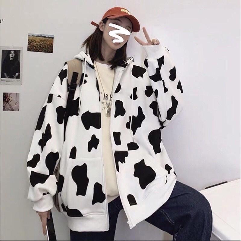 Áo Khoác Hoodie Unisex Bò Sữa Form Rộng Có Dây Kéo Siêu Cute