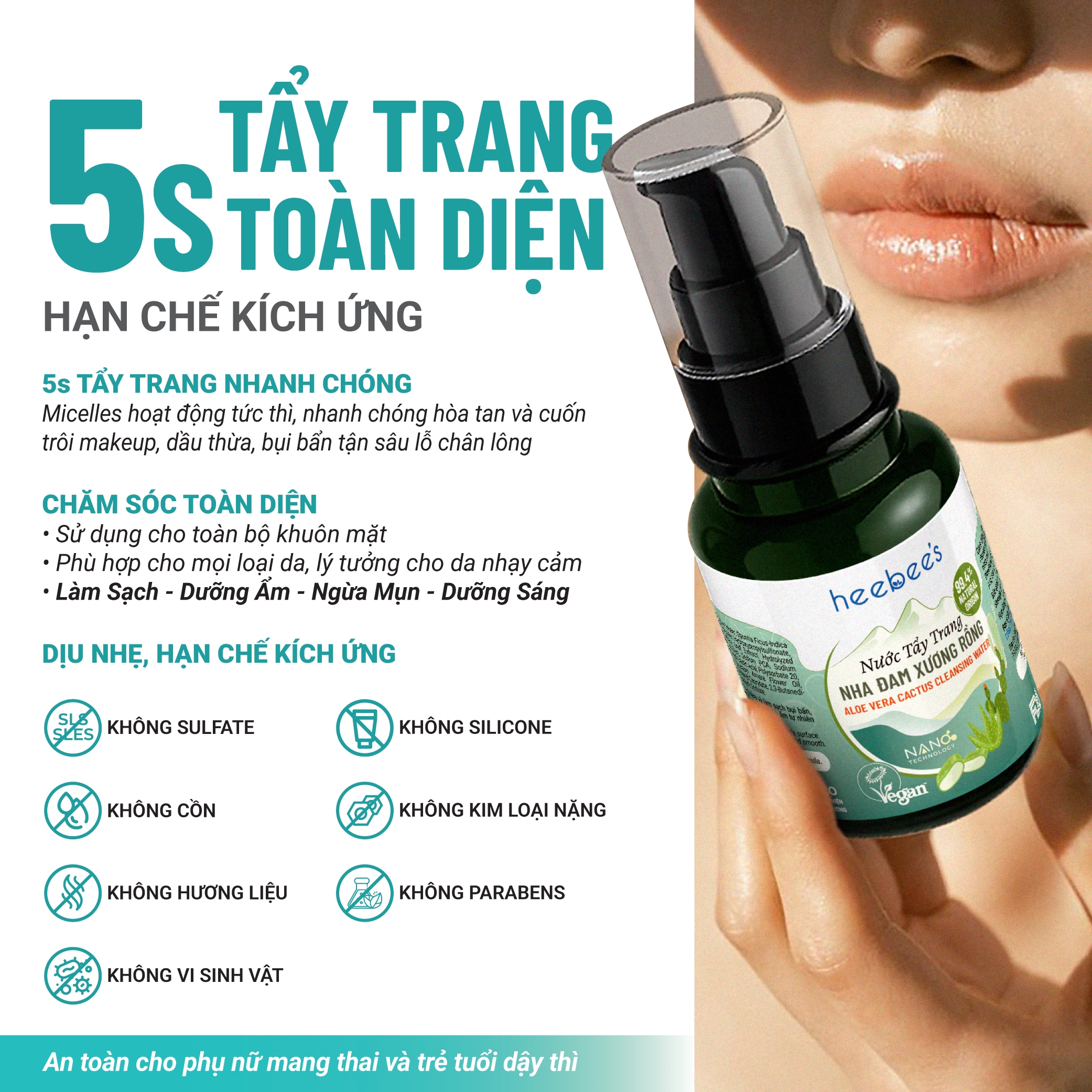 Nước Tẩy Trang Thuần Chay Nha Đam Xương Rồng Heebee’s Sạch Sâu, Dịu Nhẹ, Ngừa Mụn, Cho Da Nhạy Cảm, Không Khô Da 110ml