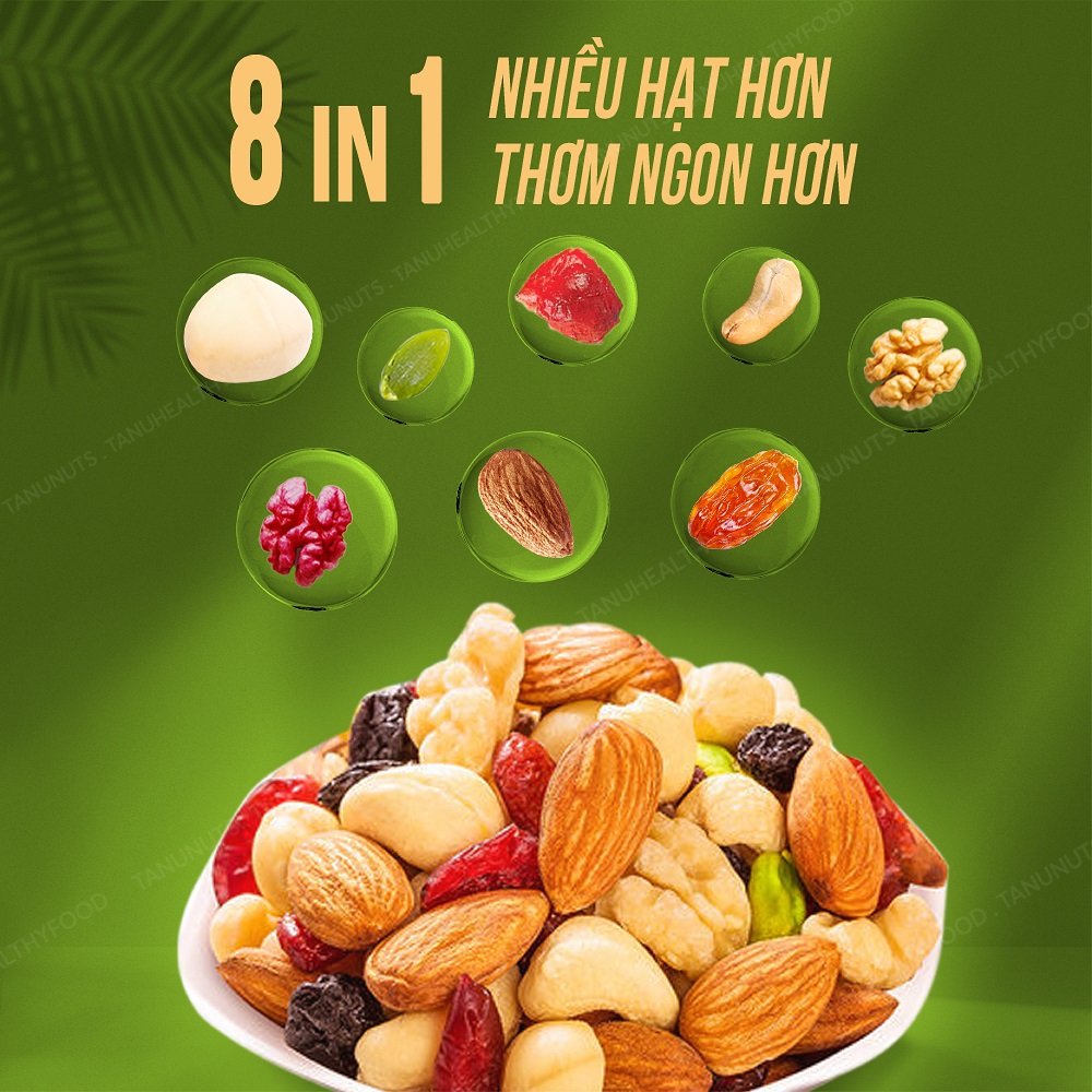 Hạt dinh dưỡng mix 8 loại TANU NUTS, ngũ cốc granola ăn kiêng giảm cân tốt cho người tập yoga, bà bầu