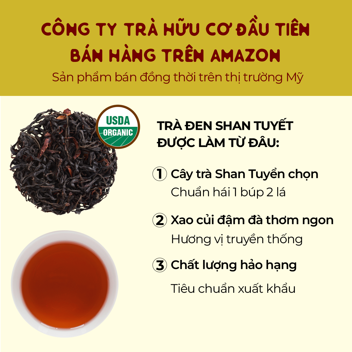 Trà Đen Loại đặc biệt | 100% Chứng nhận hữu cơ USDA Organic | Loại 1 búp 2 lá lên men | Thơm mạch nha, Đậm vị, ngọt hậu sâu 100g