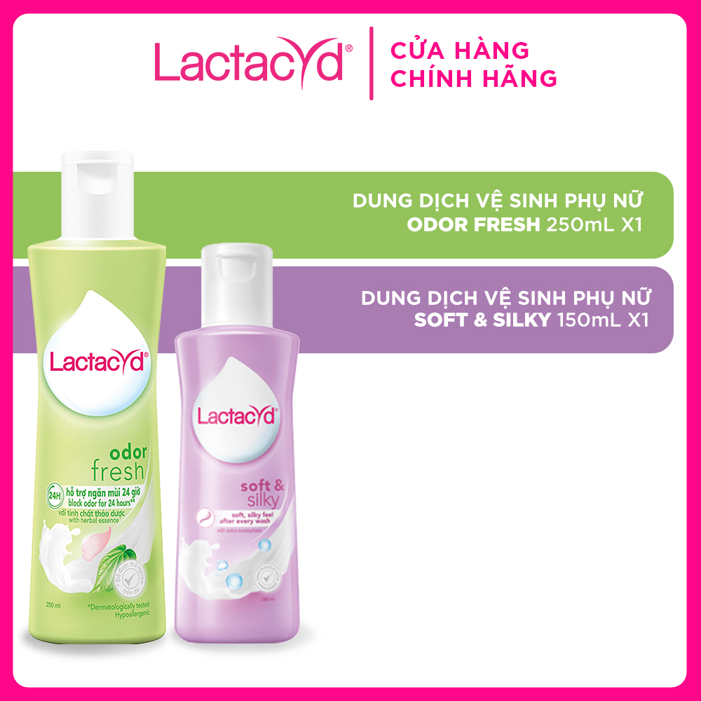 Bộ Dung Dịch Vệ Sinh Phụ Nữ Lactacyd Odor Fresh Ngăn Mùi 24H 250ml + Soft &amp; Silky Dưỡng Ẩm 150ml