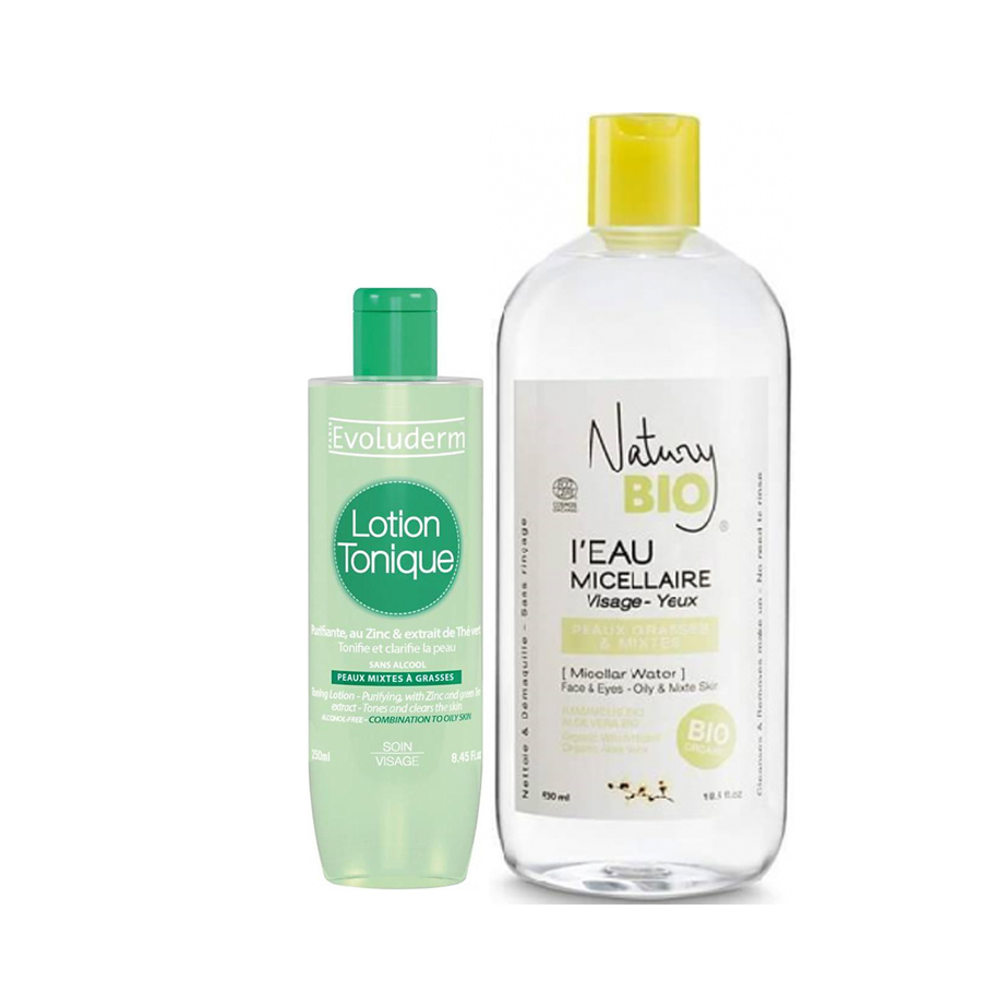 Combo Nước tẩy trang Natury Bio I’Eau Micellar Water ( 530ml) + Nước Hoa Hồng Evoluderm Cho Da Hỗn Hợp (250ml)