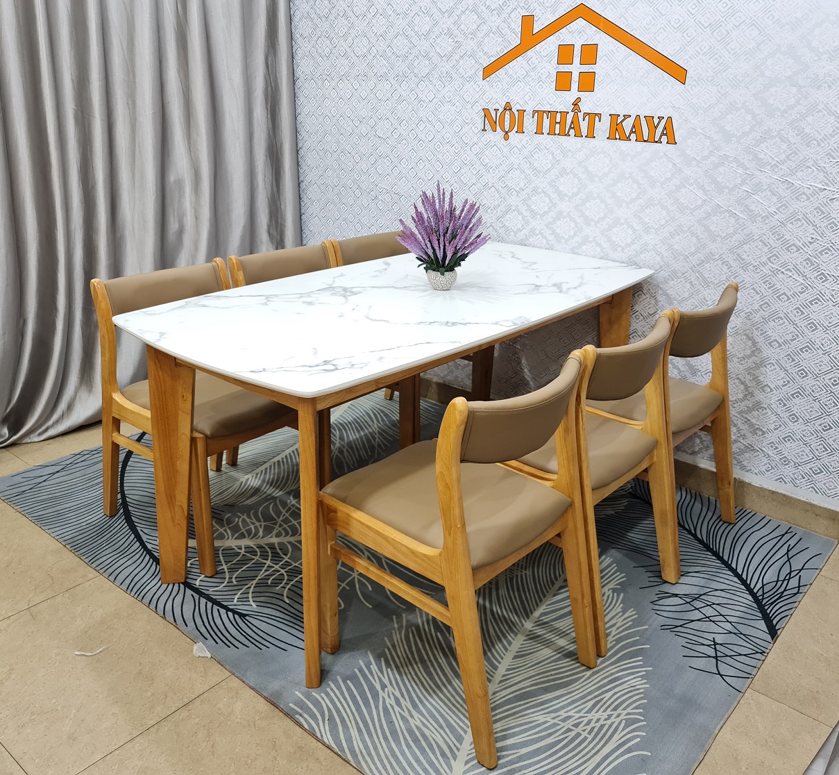 Bộ bàn mặt đá 6 ghế Benla chân A 1m6 Mặt bàn đá Marble trắng vân mây nhập khẩu từ Malaysia sản xuất Bằng công nghệ của Ý