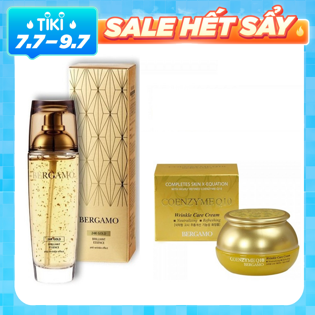 Combo Tinh Chất Serum Bergamo 24k Gold Brilliant &amp; white vita luminant Essence và Kem dưỡng trắng Bergamo Coenzyme Q10 Wrinkle Care Cream 50gr