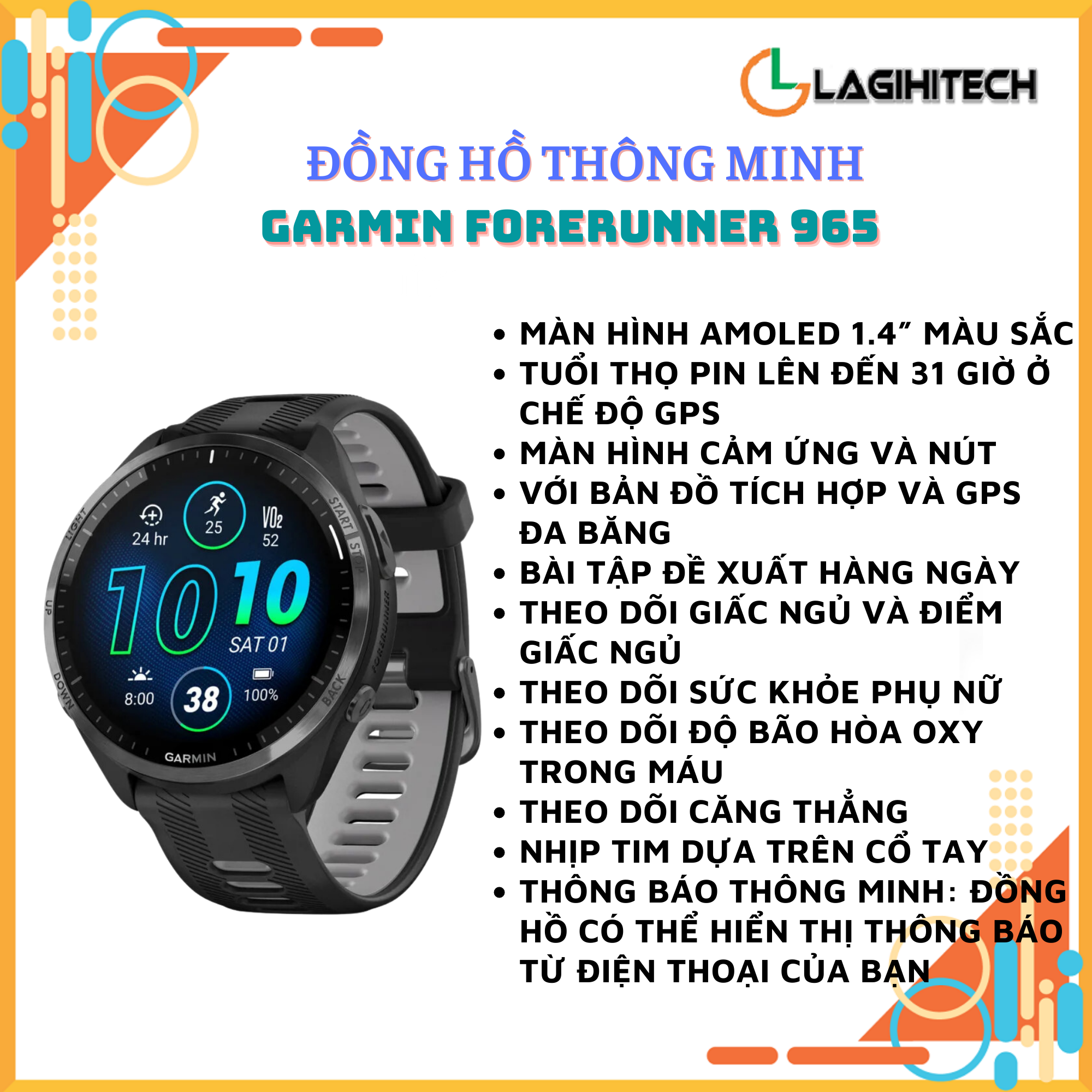 Đồng Hồ Thông Minh Garmin Forerunner 965 Kiểu dáng thể thao, viền titanium cao cấp - Hàng Chính Hãng FPT