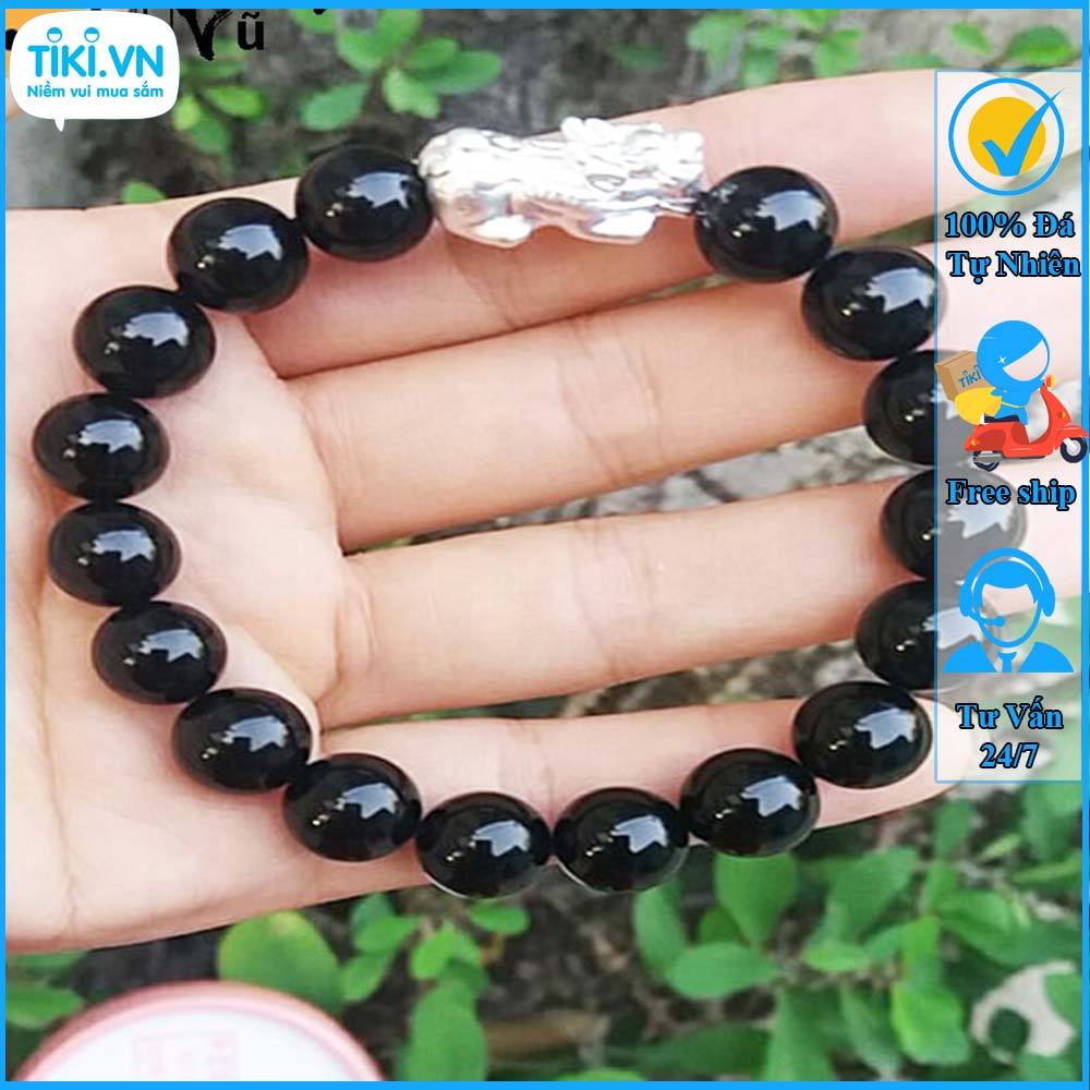Vòng tay phong thủy nam nữ - Vòng đá mã não đen tỳ hưu bạc - Vòng phong thủy cho người mệnh mộc thủy