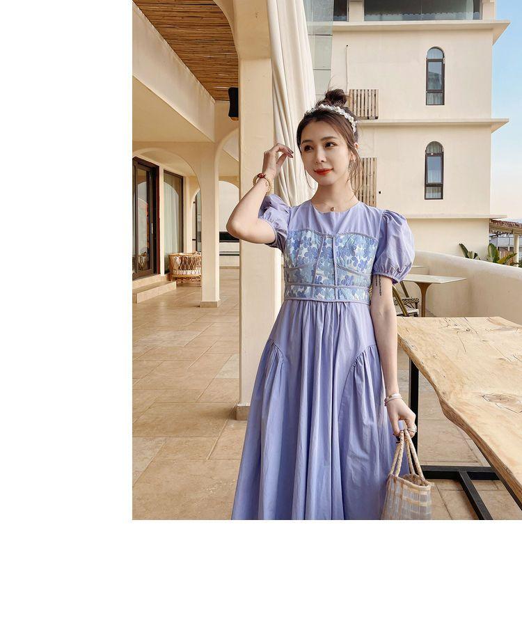 SHUANGYAN Thời trang nối giả hai bong bóng tay áo khí chất ngắn tay áo đầm phụ nữ 2022 mùa hè thiết kế cảm giác váy dài trung bình