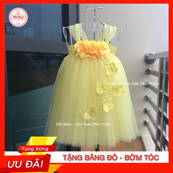 Váy công chúa cho bé, Váy công chúa vàng đính hoa hồng 3 bông cho bé