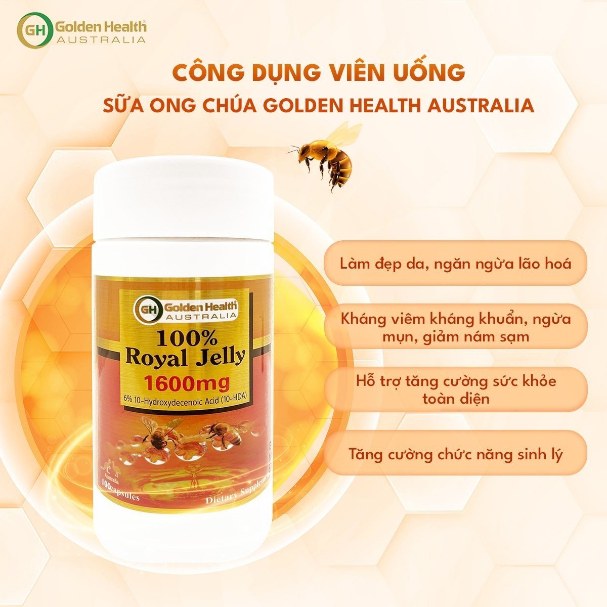 Viên Uống Sữa Ong Chúa Golden Health Royal Jelly 1600mg Hộp 100 Viên, Giúp Da Chống Lão Hóa, Nám, Sạm, Chống Mất Ngủ, Bảo Vệ Sức Khỏe Toàn Diện - Nhập Khẩu Chính Ngạch Từ Úc