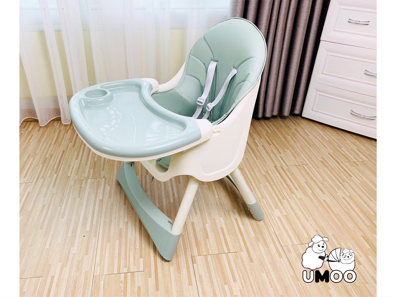 Ghế ăn dặm đa năng cao cấp thiết kế Hàn Quốc 7 chức năng, 2 nấc điều chỉnh độ cao UMOO, đệm bọc da cao cấp, hỗ trợ bé ăn dặm, giúp bé ngồi yên khi ăn - Hàng chính hãng