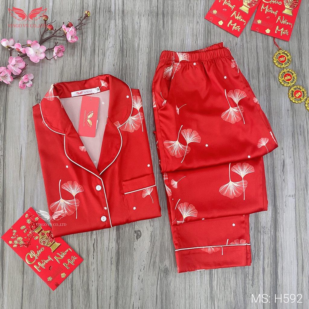 Đồ Bộ Ngủ Nữ Pijama Mặc Nhà VINGO Lụa Pháp Cao Cấp Tay Dài Quần Dài Họa Tiết Lá Ngân Hạnh Sang Chảnh H592 VNGO