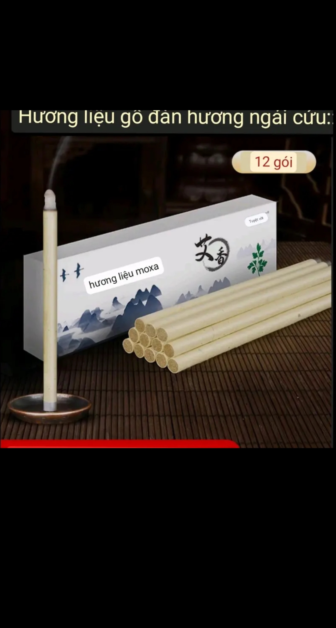 Hộp 12 cây . nhang ngải cứu + bột đàn hương đuổi muỗi, xông phòng, giảm stress thư giãn