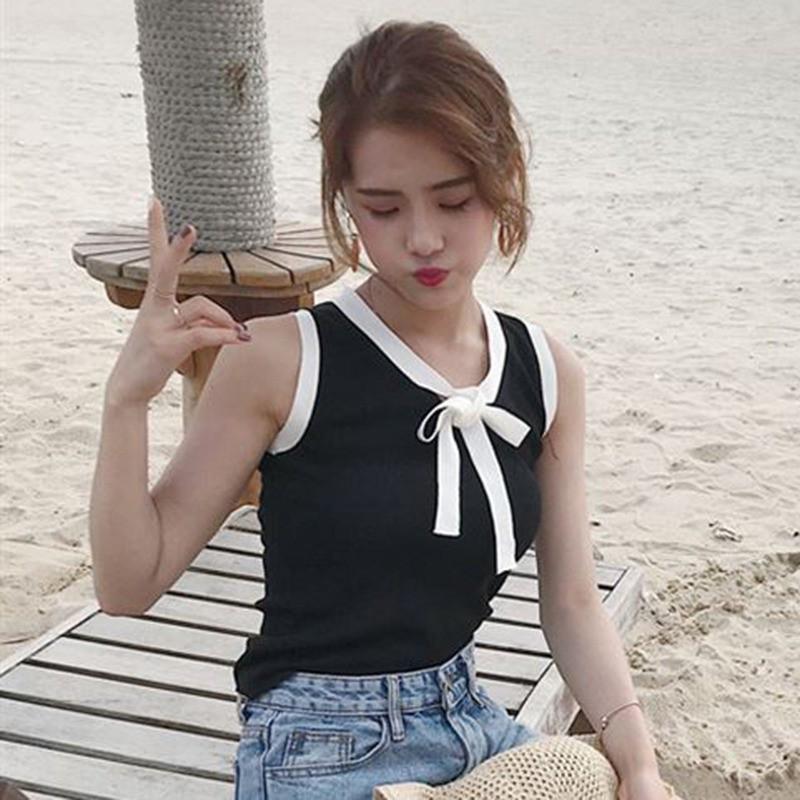 Áo Tank Top dệt kim cổ chữ V phong cách Hàn Quốc