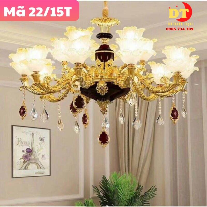 Đèn chùm tân cổ điển DOTHANH LIGHT 22, đá đỏ 15 tay phòng khách cao cấp DCN