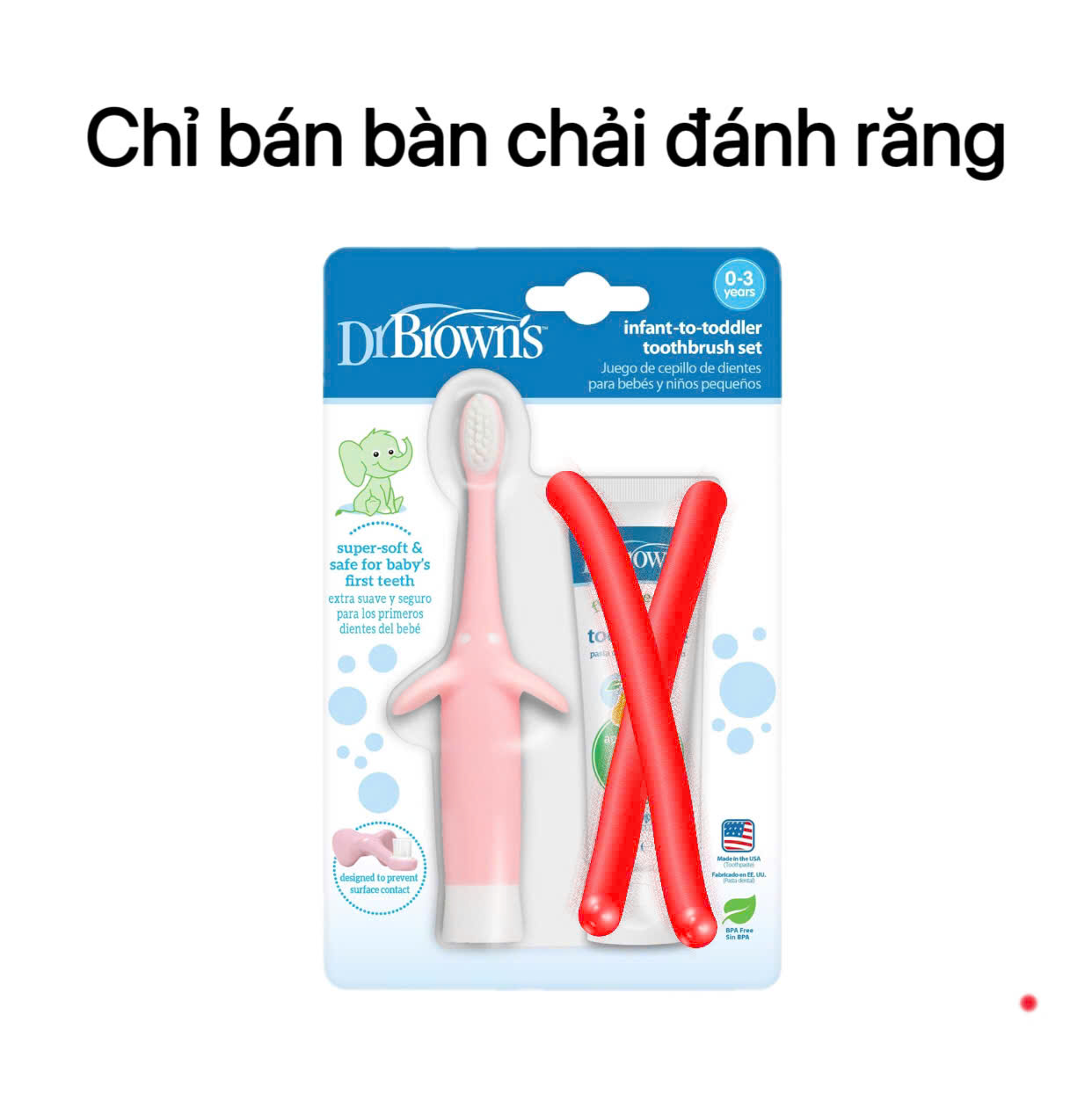 [ Không bao bì ] BÀN CHẢI ĐÁNH RĂNG Dr.Brown's hình con Voi cho trẻ từ 0-3 tuổi ( màu hồng )