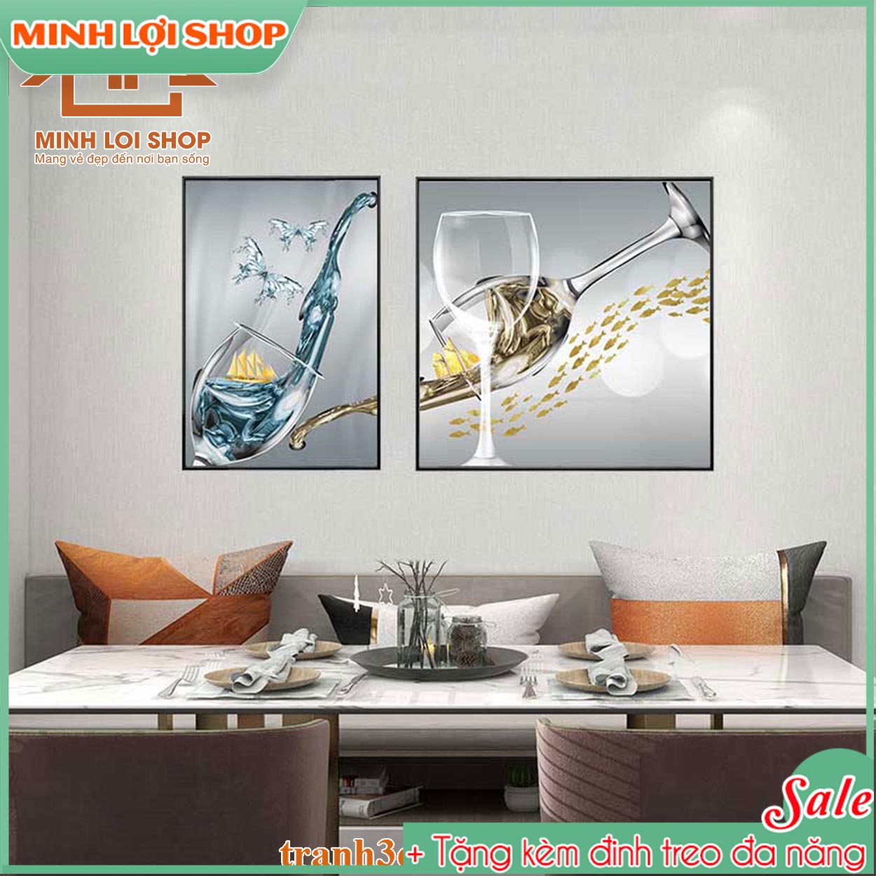 Tranh phòng ăn 2  tấm HIỆN ĐẠI tranh tráng gương pha lê trang trí nhà bếp cực ngon miệng TẶNG KÈM ĐINH TREO PA07
