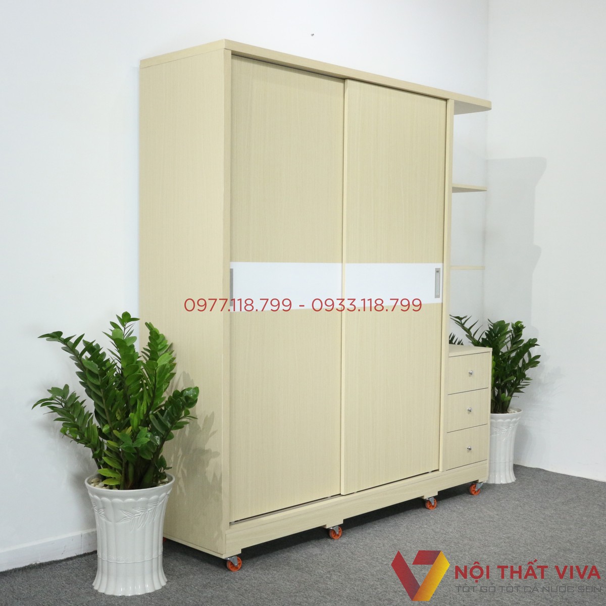 Tủ Áo Cửa Lùa Có Kệ Trang Trí Gỗ MDF Màu Vàng Chỉ Trắng