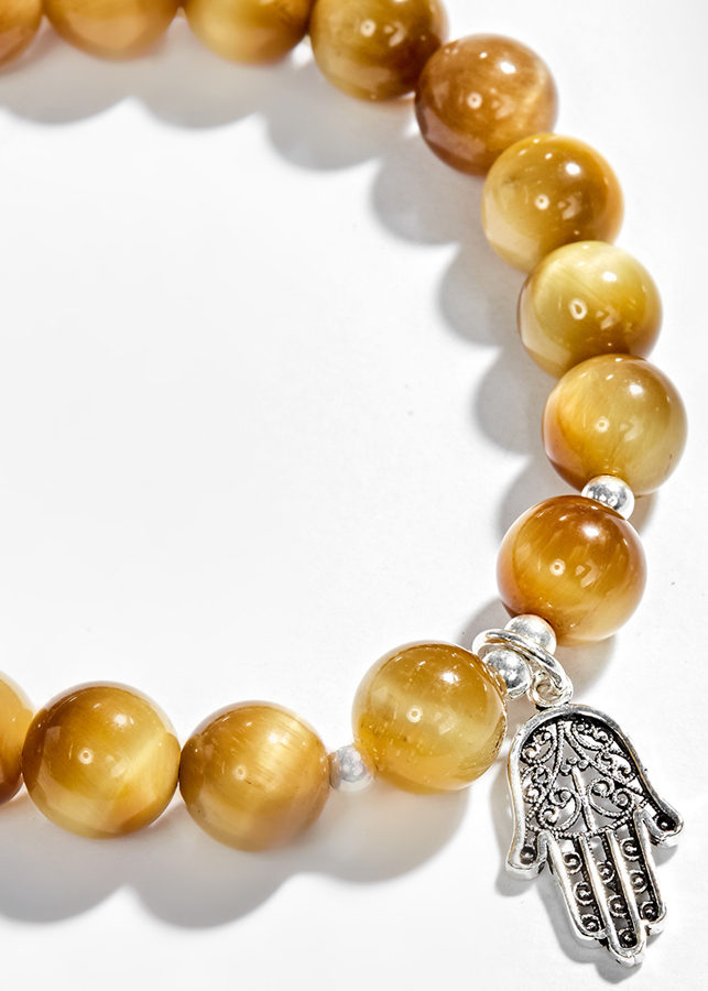 Vòng Tay Đá Mắt Hổ Vàng Tươi Phối Bàn Tay Hamsa Bạc