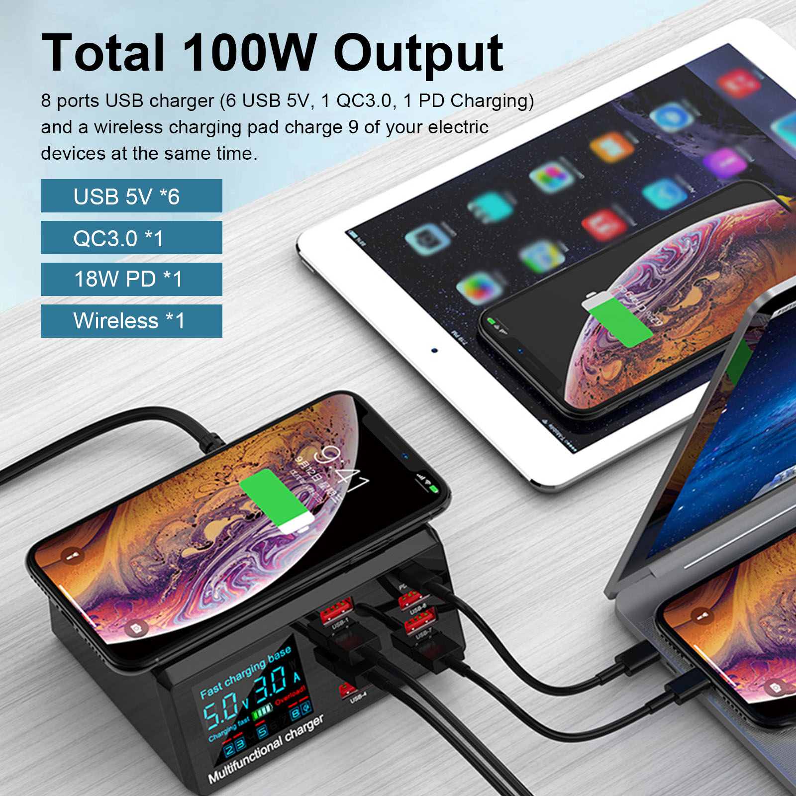 Bộ sạc không dây Đế sạc nhanh 3.0 chuyển đổi PD Trạm sạc không dây 10W X9 100W 8 cổng USB