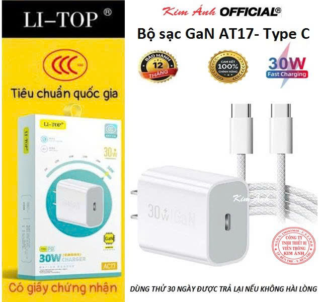 Bộ sạc nhanh LI-TOP GaN AT17 chân Type C công suất PD 30W, có chứng nhận 3C tiêu chuẩn quốc gia, hàng chính hãng bảo hành 12 tháng