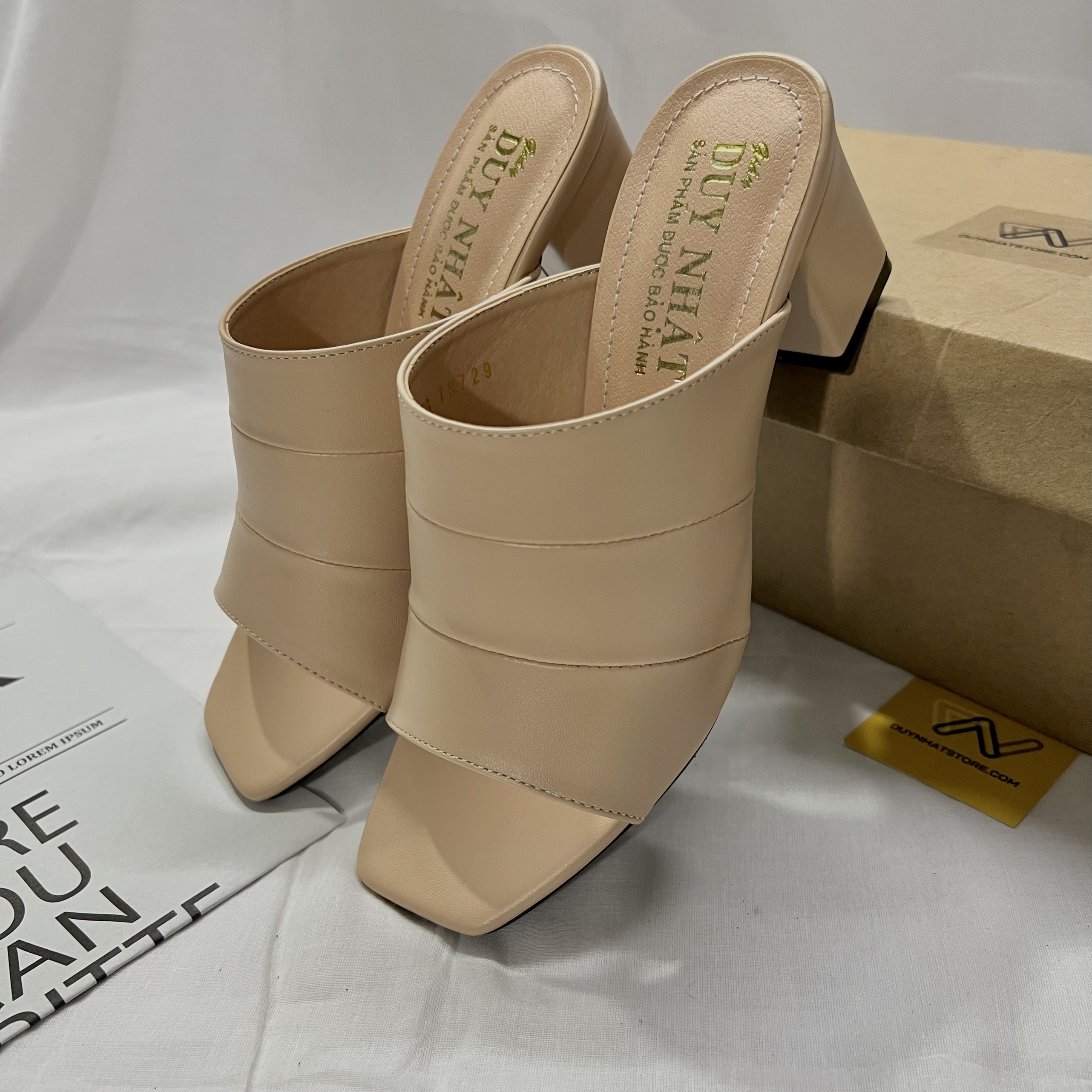 Dép Cao Gót Quai Ngang Giày Duy Nhật Store Phối Da Mờ Chữ H Trơn Bảng To Gót Mũi Vuông Đẹp Cao Cấp 5cm Đen Trung Niên