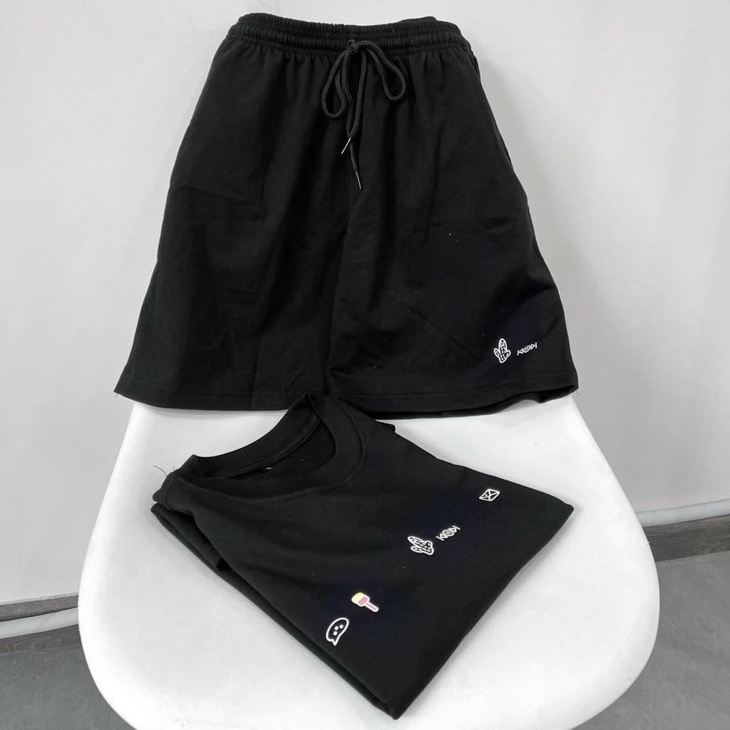 Set Quần Short + Áo Phông icon Ullzang , Bộ đồ short ống rộng kèm phông tay lỡ