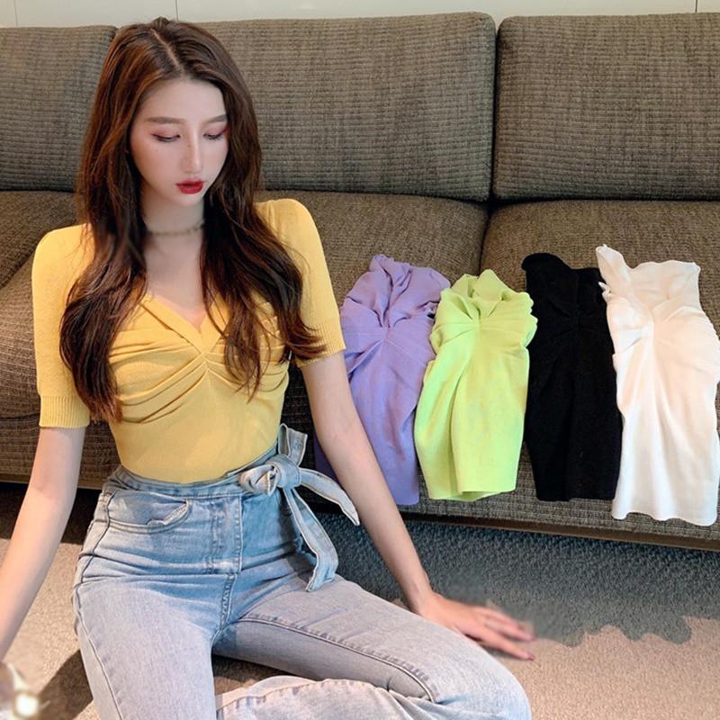 Áo Thun Tay Ngắn Cổ Chữ V Màu Trơn Thiết Kế Đơn Giản Thời Trang Dành Cho Nữ