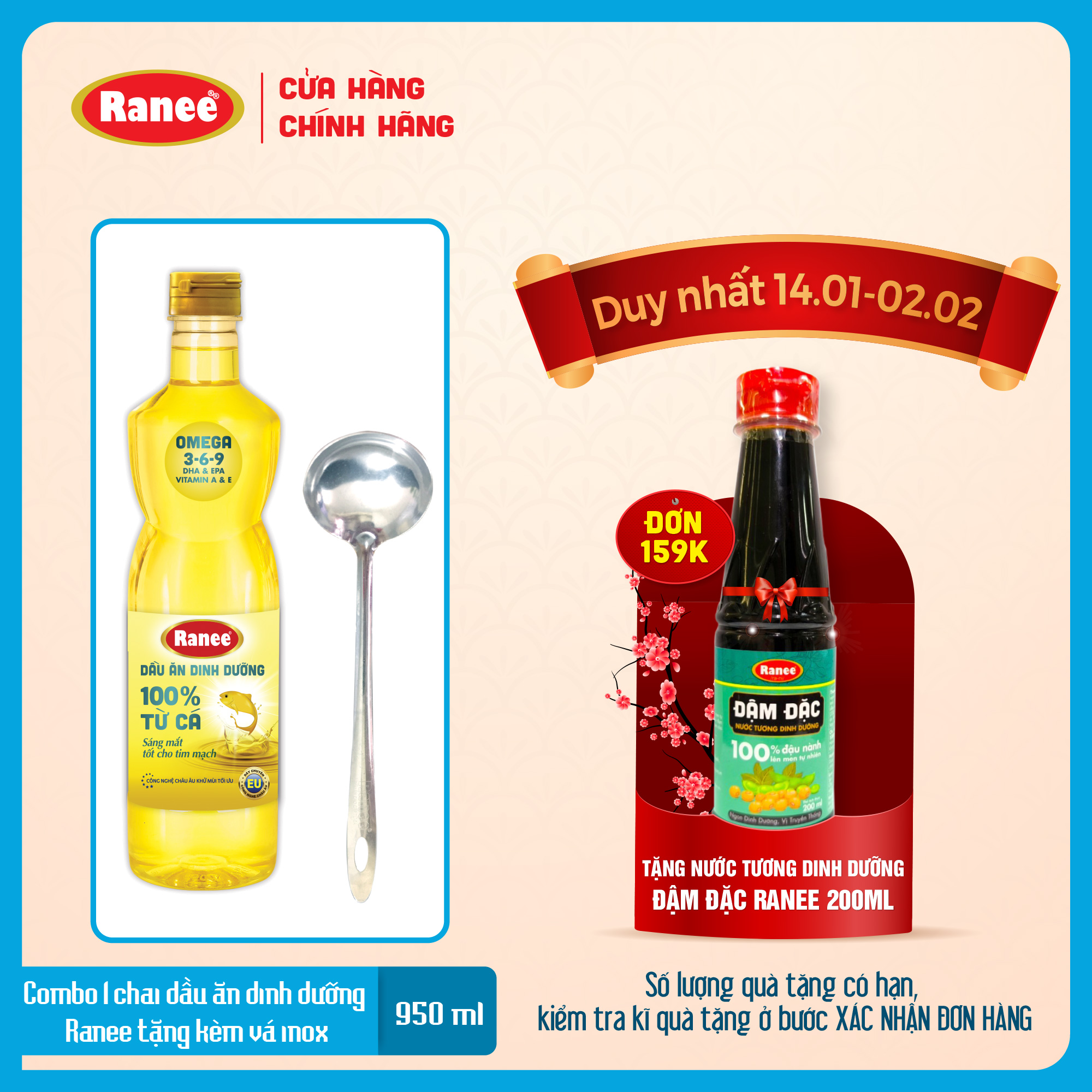 Combo 1 chai dầu ăn dinh dưỡng Ranee 950ml tặng kèm vá inox