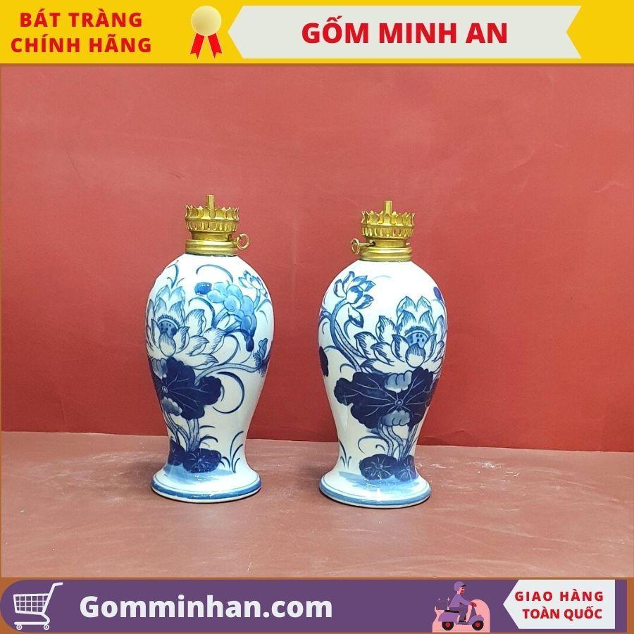 Đèn Dầu Thờ Vẽ Hoa Sen Men Trắng Cao Cấp Bát Tràng- Gốm Sứ Bát Tràng- Gốm Minh An