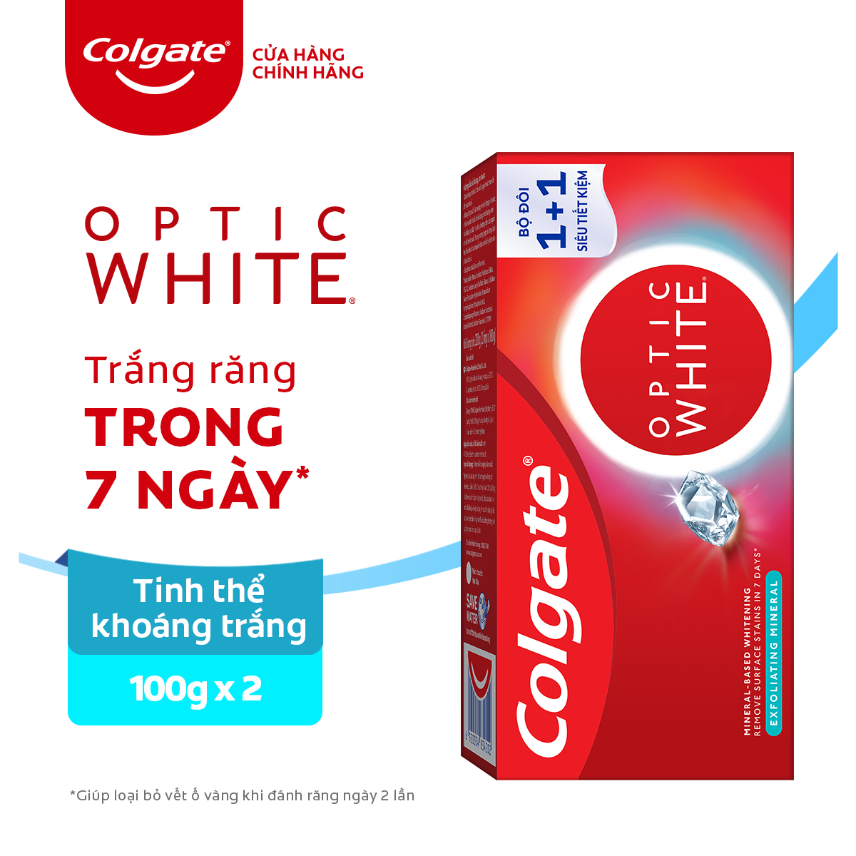 Hộp 2 Kem Đánh Răng Colgate Optic White Exfoliating Mineral cho răng sáng bóng từ tinh thể khoáng trắng 100g