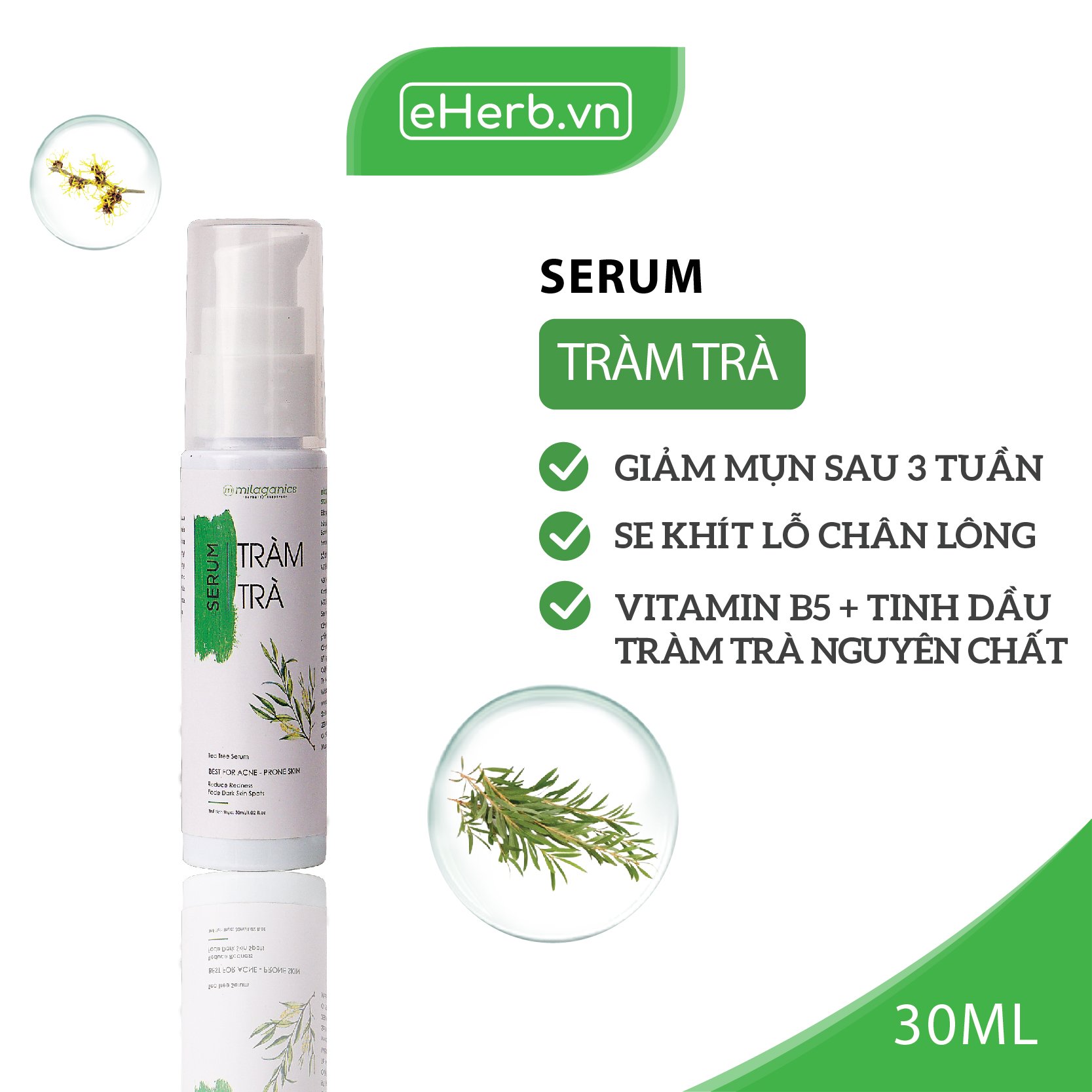 Serum Tràm Trà Ngăn Ngừa &amp; Làm Khô Vết Nhân Mụn, Giảm Viêm Từ Tinh Dầu Tràm Trà Nguyên Chất MILAGANICS 30ml (Chai)