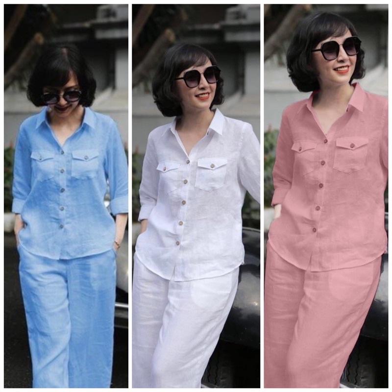Set Bộ Đũi Nữ, Áo Dài Tay, Quần Dài Ống Suông, Lưng Thun Chất Đũi Hàn Quốc