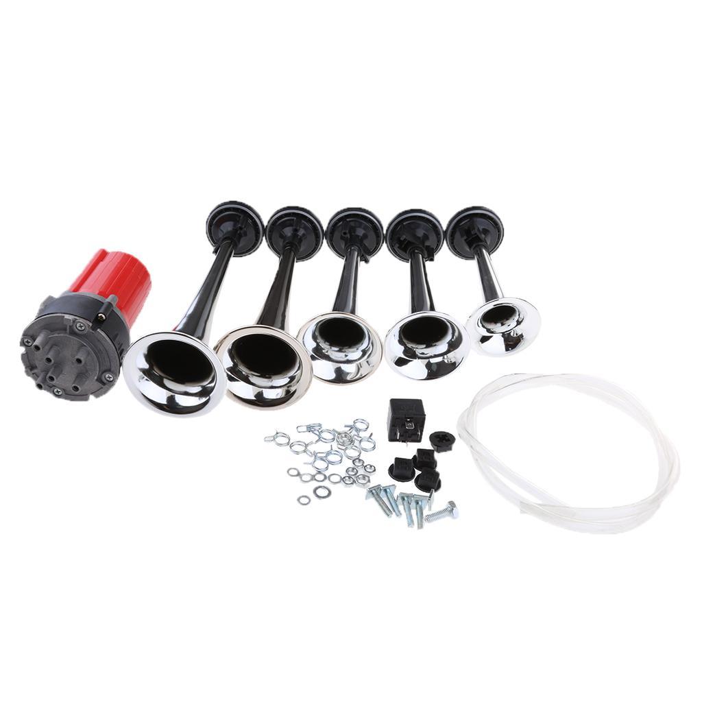 12V/24V 125db Air Horn, Zinc 5 Trumpet Air Horn with Motor for 12V 24V Cars Van