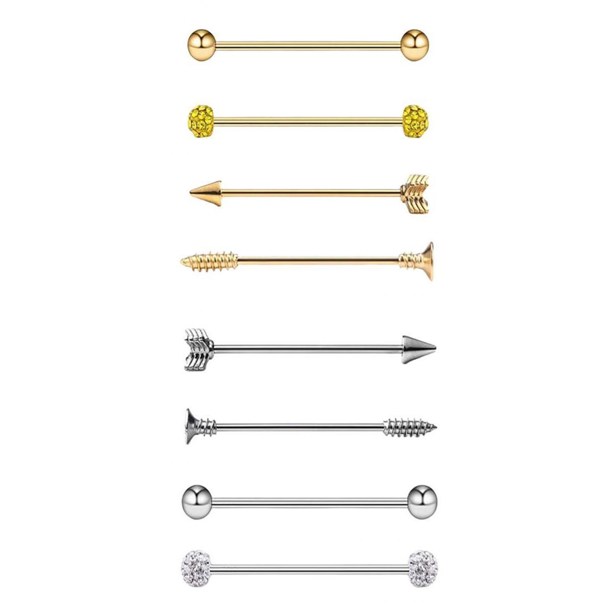 8 Pack Industrial Piercing Ball Barbell Ear Bar Earring 14G & 16G