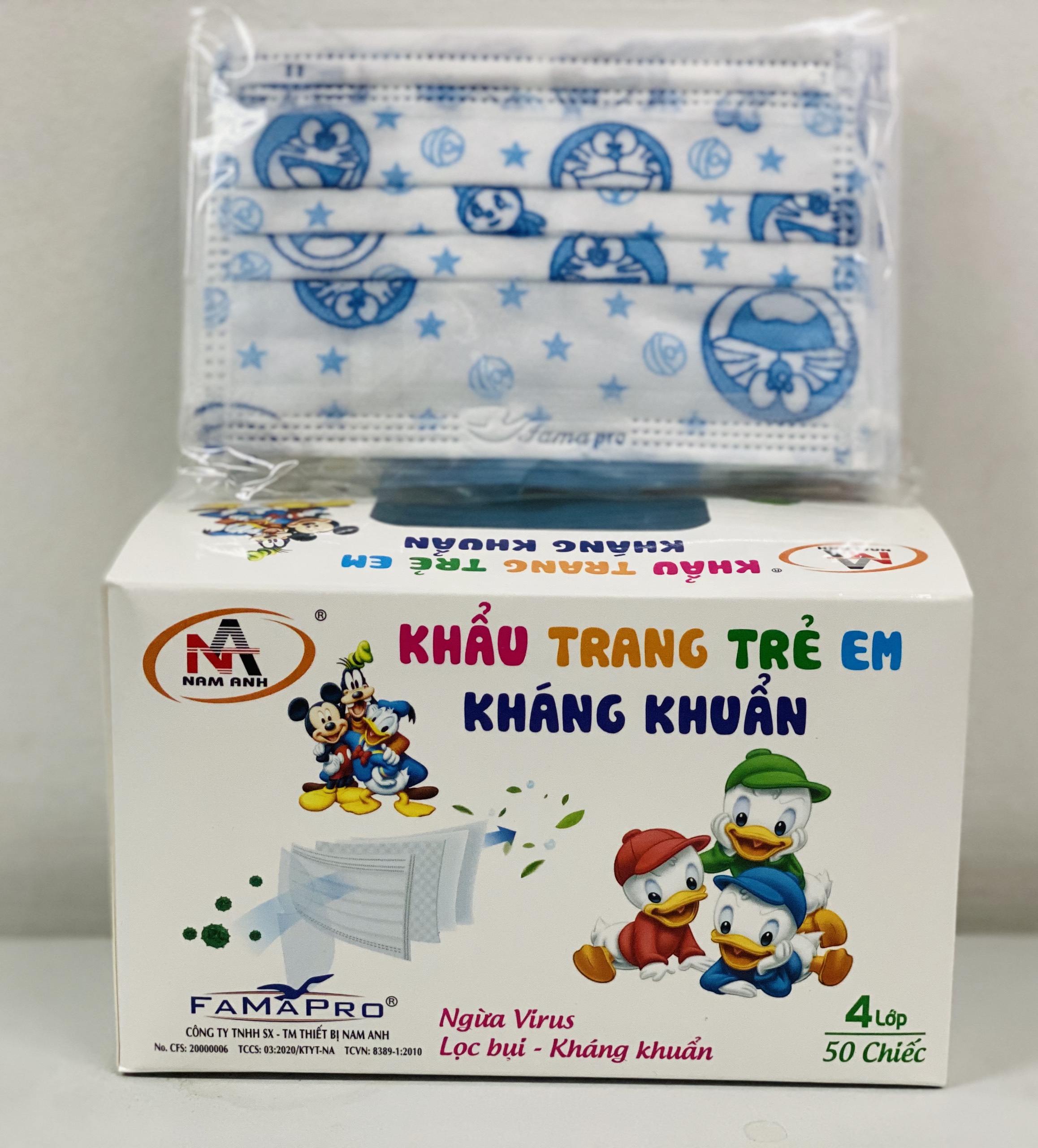 Combo 2 Hộp Khẩu trang trẻ em kháng khuẩn Famapro (Hộp 50 cái -Xanh Đôrêmon)