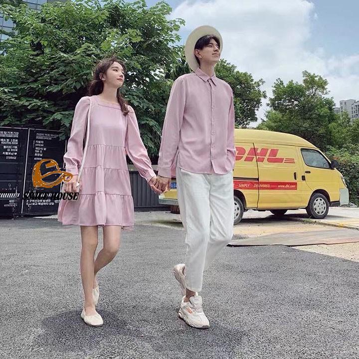 SET ÁO ĐÔI ĐẦM BABY DOLL VÀ ÁO SƠ MI, ĐỒ CẶP TÌNH NHÂN ĐI BIỂN CHỤP HÌNH CƯỚI MÀU HỒNG VÀ XANH ĐEN - SMICE HOUSE