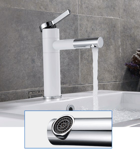 Vòi Lavabo nóng lạnh bóng kính trắng, chân vừa + 2 dây cấp