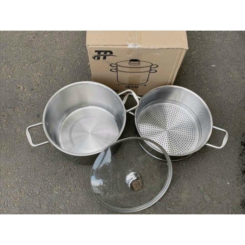 Bộ nồi và xửng hấp inox 430 bếp từ 1 đáy FT COOK 28cm nắp kính dùng được bếp từ