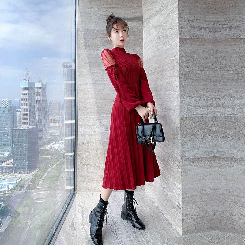 ĐẦMVáy len suông dài tay bo, đầm suông thun len gân dáng dài thu đông 3 màu xinh xắn