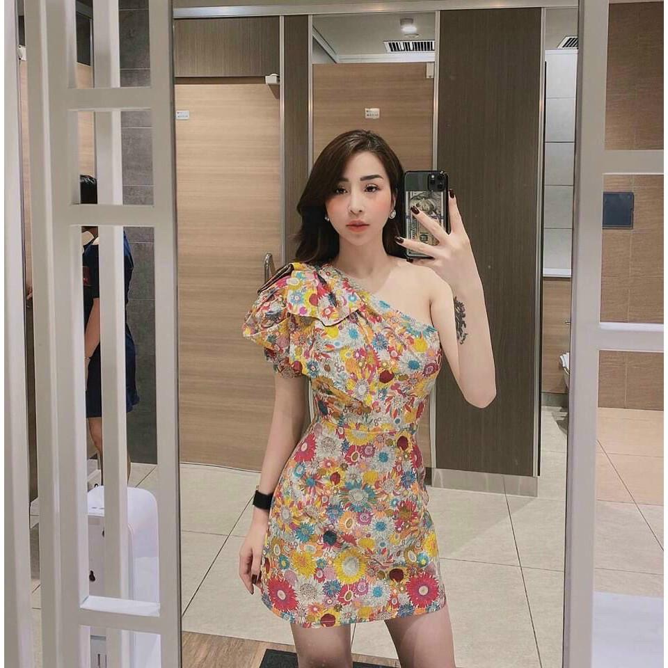 Đầm Body In 3D Tay Phồng 1 Nơ Vai Họa Tiết