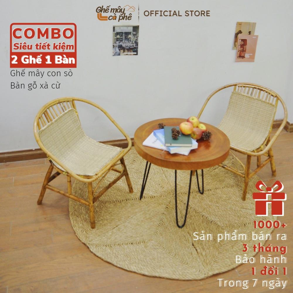 (Combo siêu tiết kiệm) Bộ bàn ghế mây sò tự nhiên và bàn gỗ xà cừ, phù hợp làm quán Cafe / ban công gia đình / Homestay