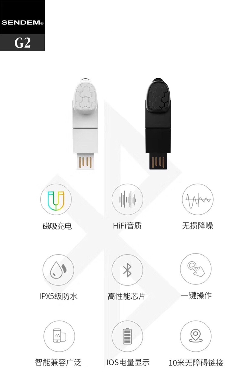 Tai nghe Bluetooth mini Sendem G2 nam châm từ trực tiếp sạc - Hàng chính hãng