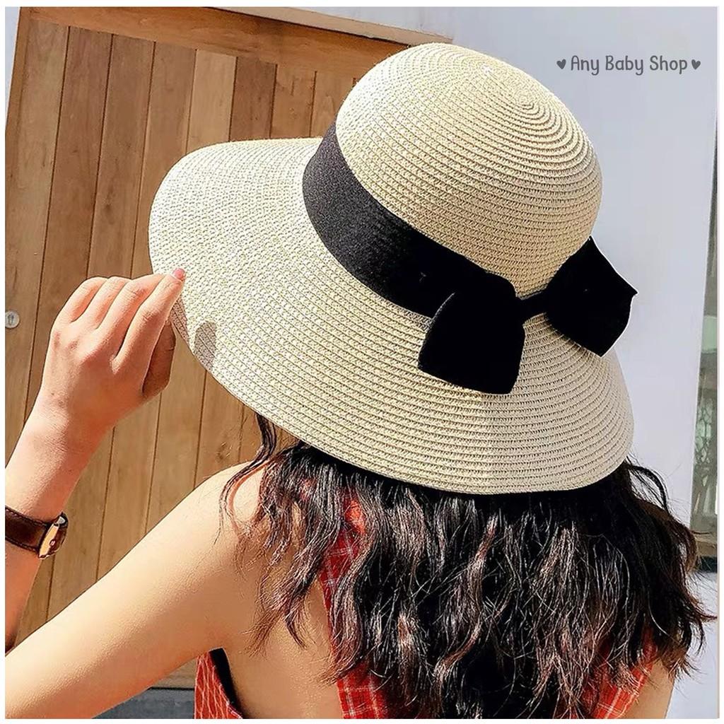 Mũ cói đi chơi, đi biển nơ đen cho mẹ và bé 2 màu sang chảnh- gấp gọn được