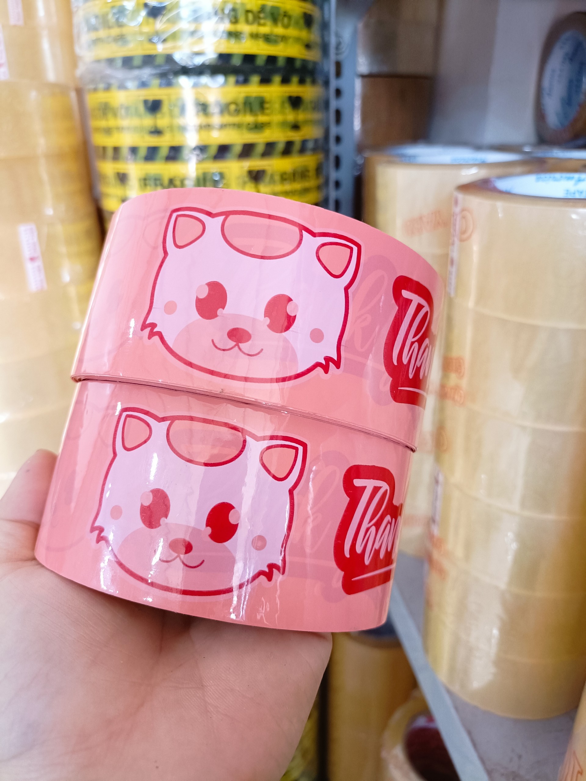 6 cuộn băng keo in hình mèo kèm chữ Thank you màu cam sữa