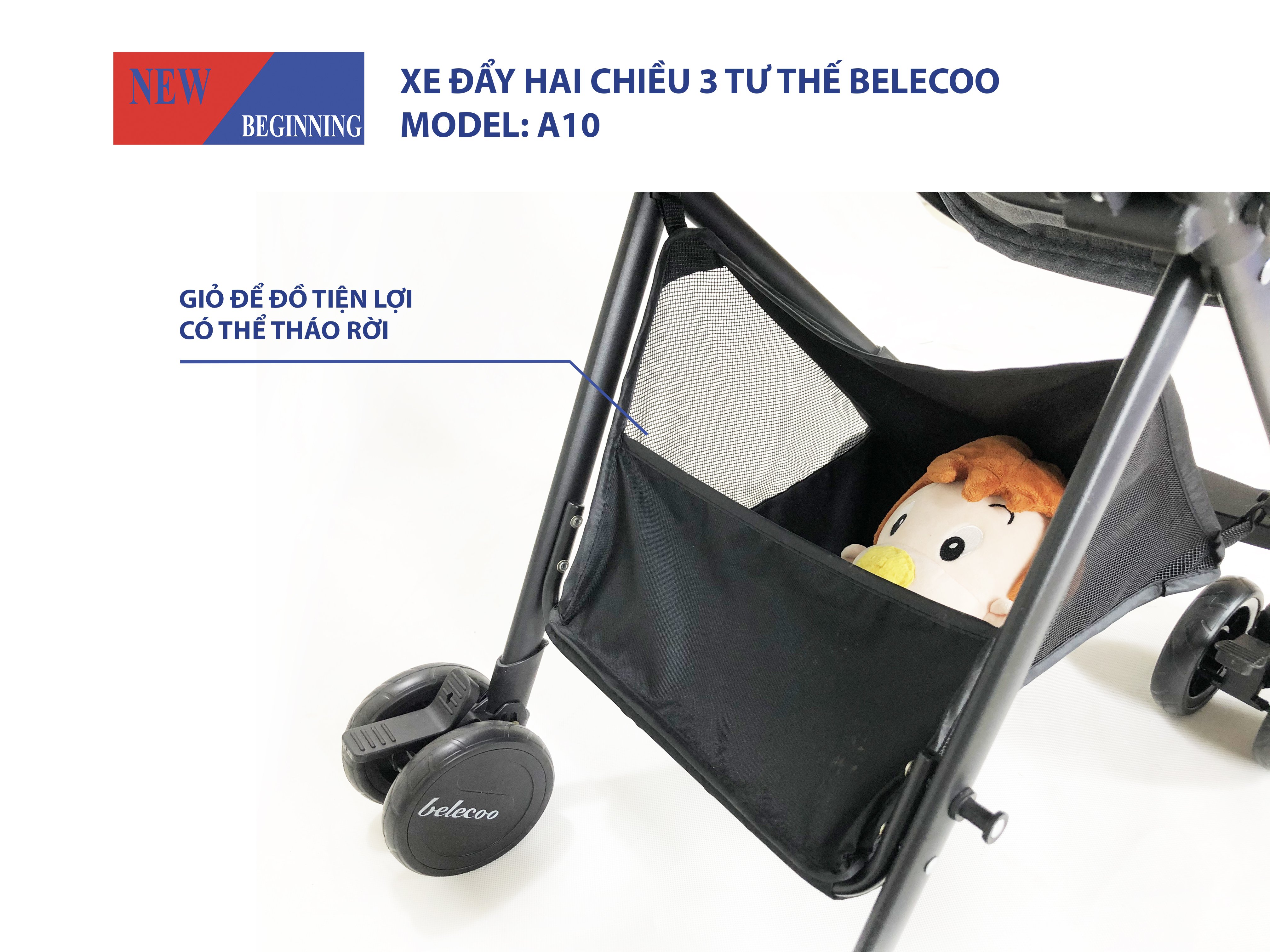 Xe đẩy 2 chiều 3 tư thế nằm, xe đẩy gấp gọn, thoáng khí - A10 - Belecoo
